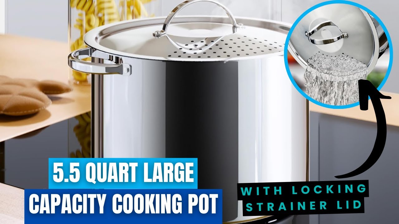 Stainless Steel Pasta Pot with Locking Strainer Lid - 5.5 Quart Large Capacity Cooking Pot