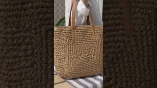 Bolsa De Lado Grande Feminina Moda Praia Palha Alça Couro Cor Bege e off Desenho Do Tecido