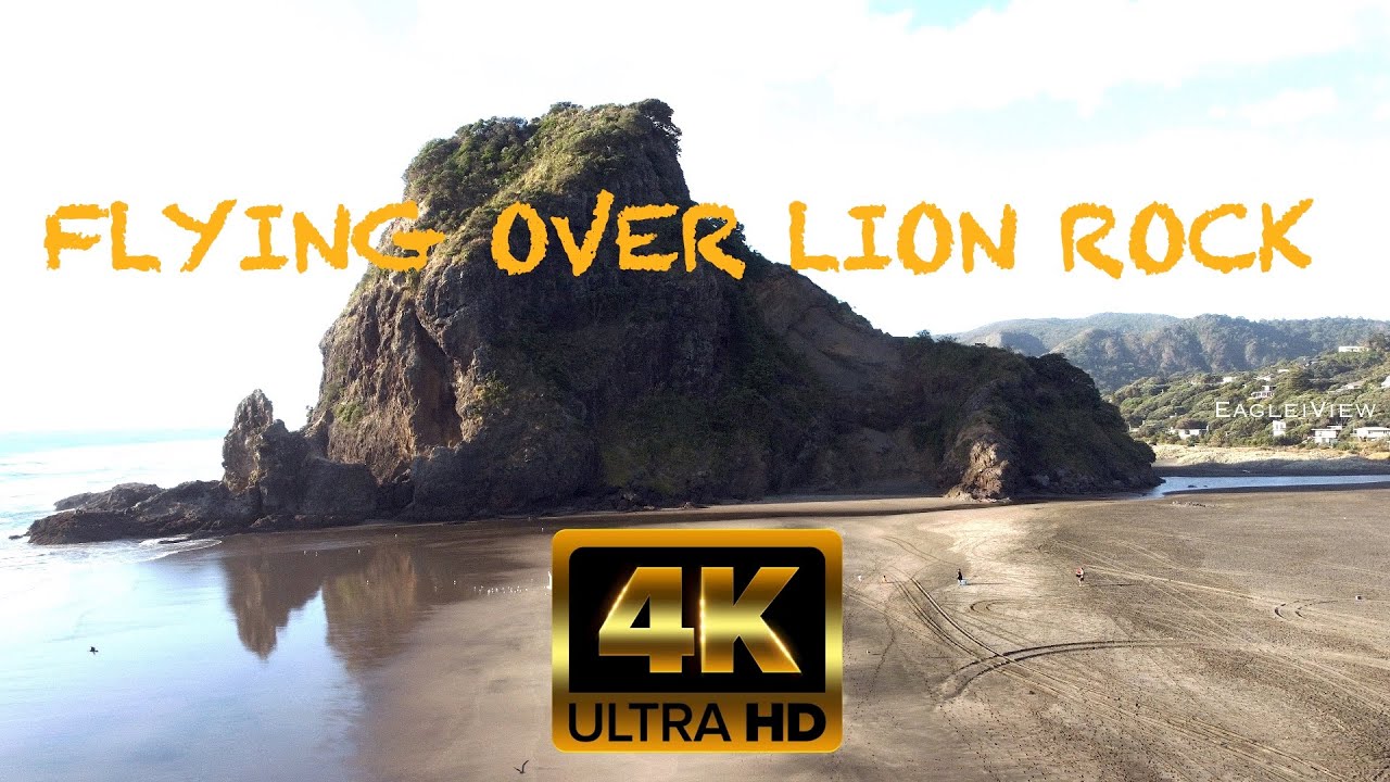 Flying over Lion rock Piha beach Auckland, New Zealand 4K video