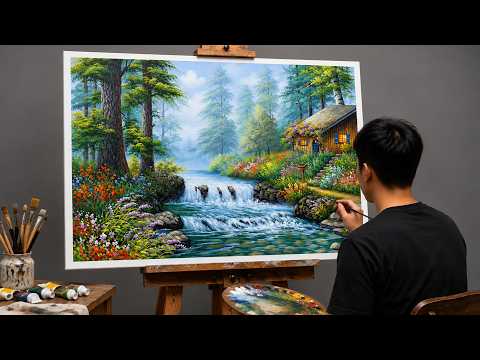 3 HOURS | Full Step by Step Acrylic Painting | Beautiful Forest Stream & Cottage