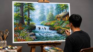 3 HOURS | Full Step by Step Acrylic Painting | Beautiful Forest Stream & Cottage