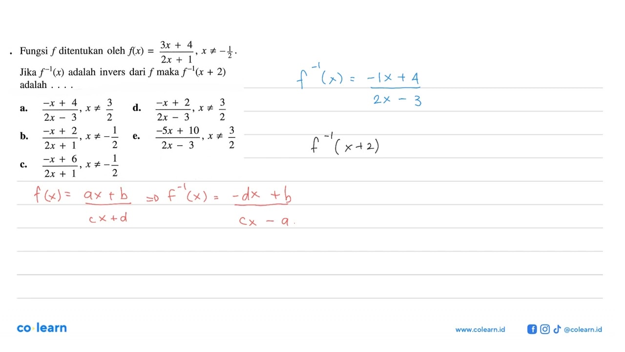 The function f is defined by f(x)=(3x+4)/(2x+1), x=/=-1/2. If f^(-1)(x) is the inverse of f then ... - youtube