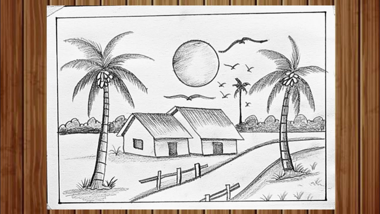 Palm tree scenery drawing with pencil step by step 