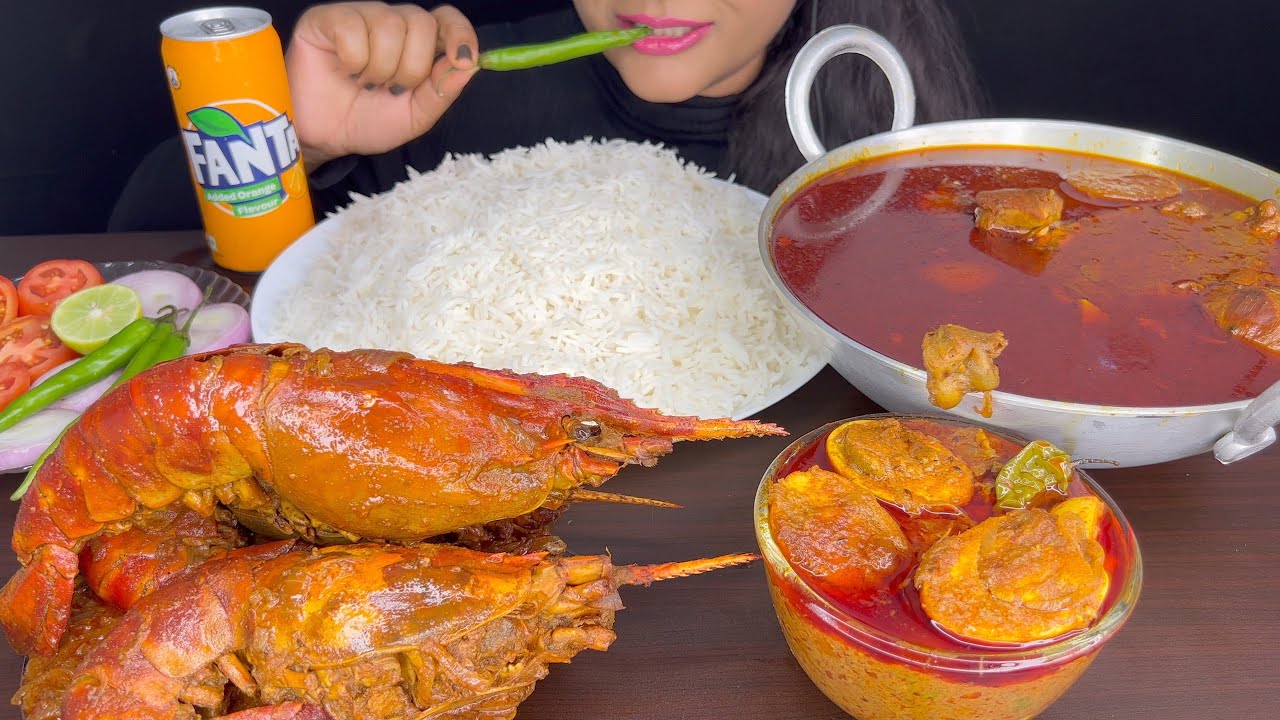 ASMR EATING SPICY CHICKEN CURRY,HUGE PRAWNS CURRY,EGG MASALA,SALAD & WHITE RICE *FOOD EATING VIDEOS*