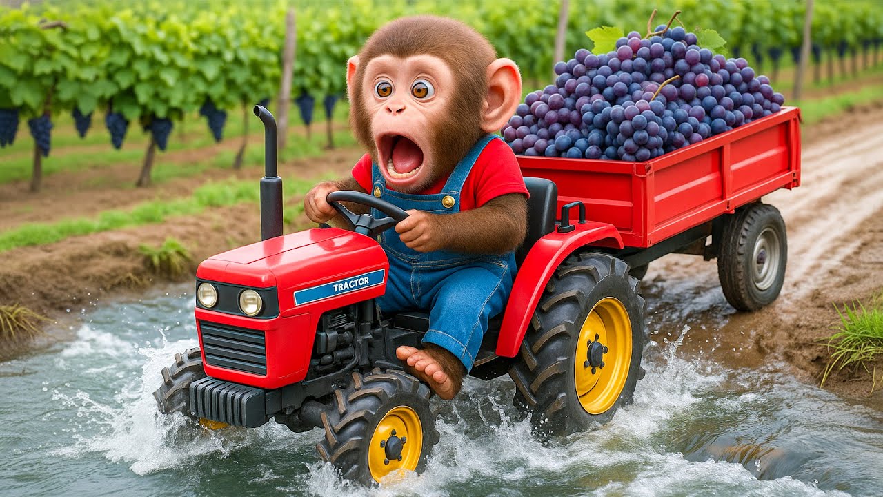 Monkey Co Co Grape Harvest Turns Into Disaster! Tractor Falls Into the Pond… His Smart Move !