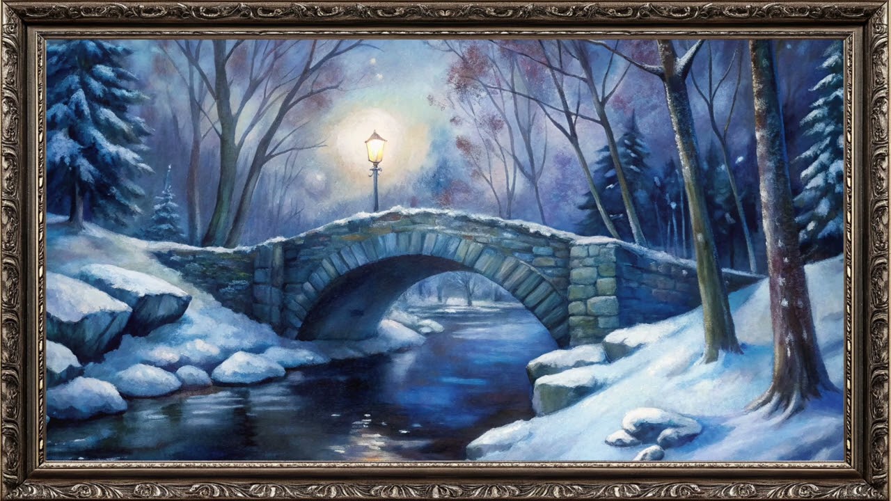 Moonlit Winter Forest bridge oil painting TV Screen in Classical Frame | Elegant TV Wallpaper