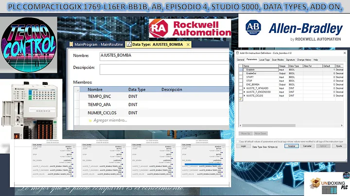 PLC COMPACTLOGIX 1769-L16ER-BB1B, AB, EPISODIO 4, STUDIO 5000, DATA TYPES, ADD ON,  TIMER, CONTADOR