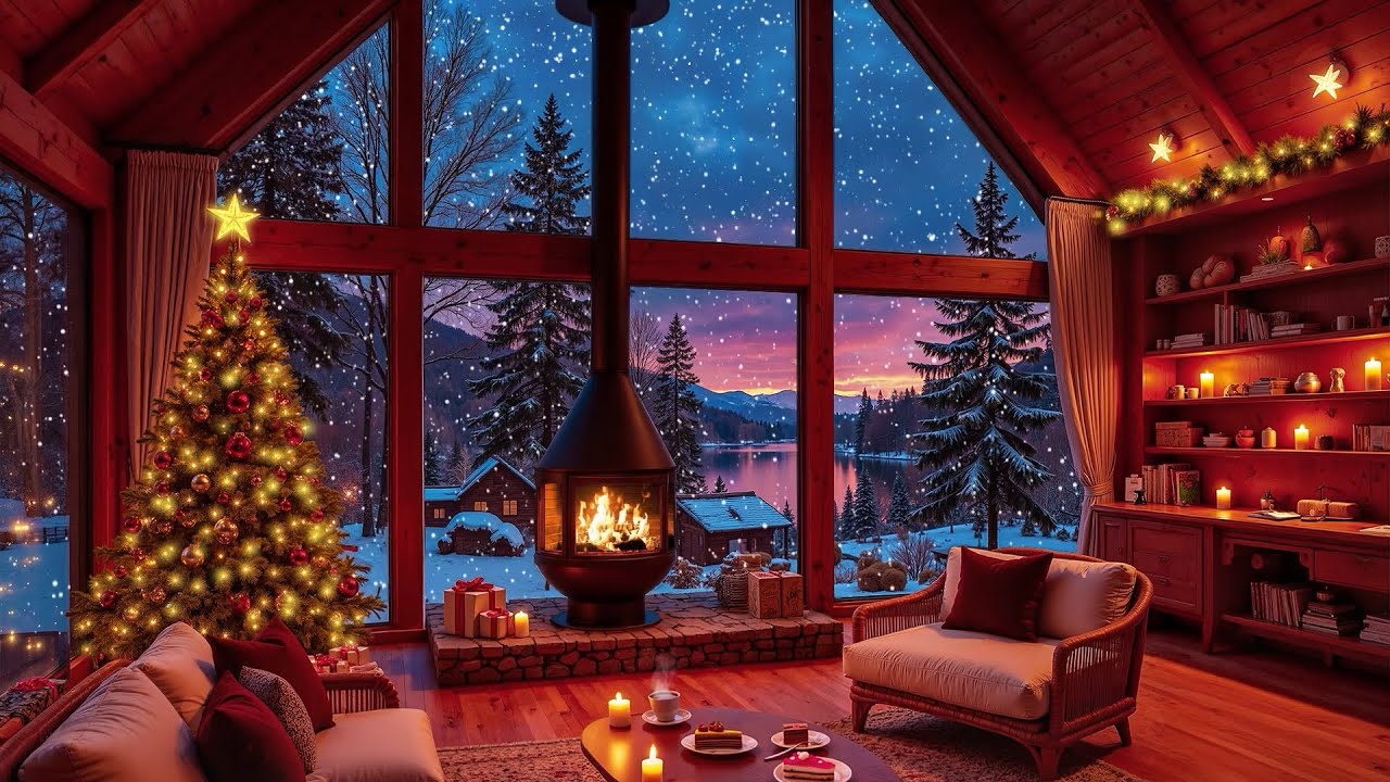 Cozy Winter Jazz Cabin Ambience Fireplace Crackle & Slow Snow for Chill ...