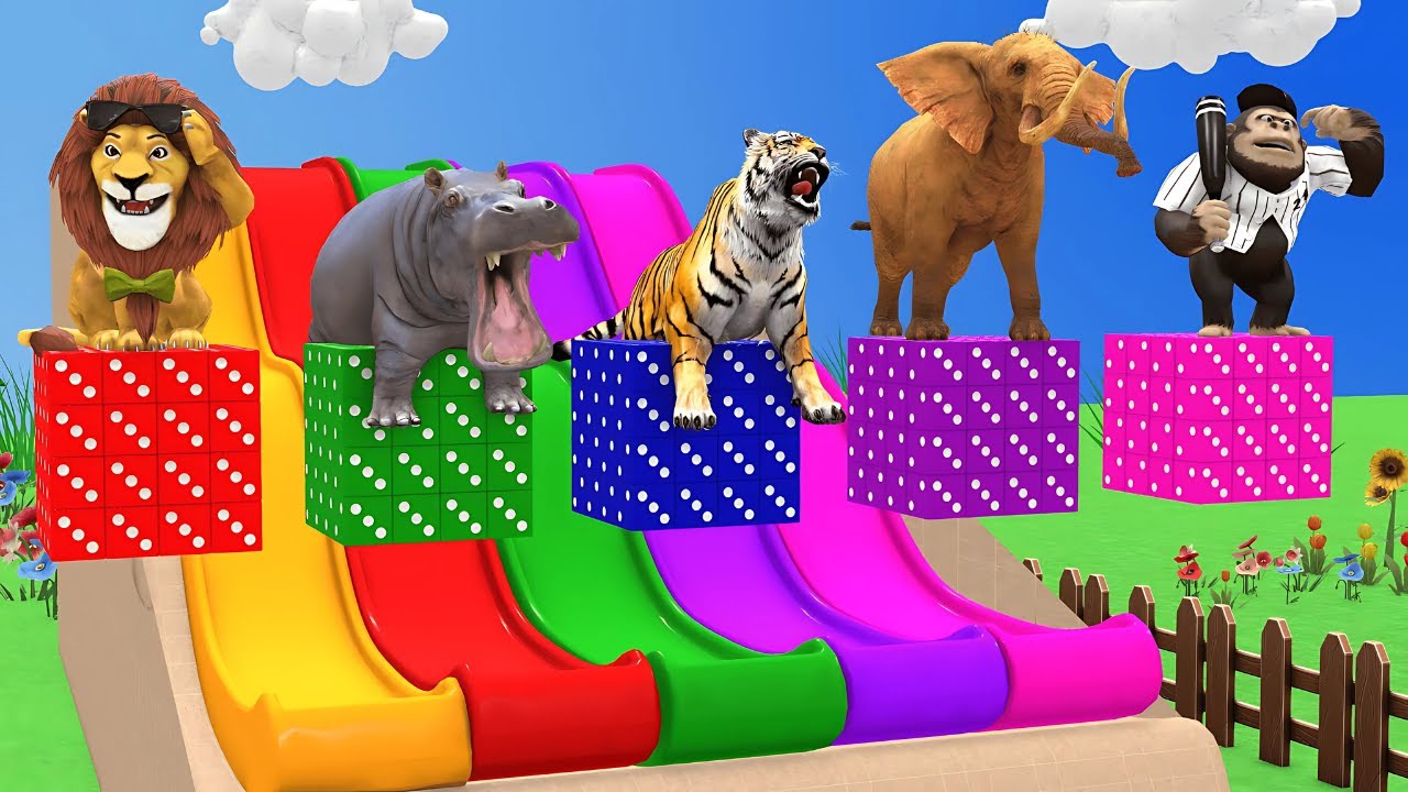 Long Slide Game With Elephant Gorilla Buffalo Hippopotamus Tiger - 3d Animal Game - Funny 3d Animals
