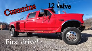 First drive in Tuckers Cummins 12 valve powered 1995 Ford F350 dually 4x4 conversion #cummins #obs