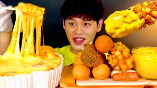 ASMR 🧀 x 3 엽기로제떡볶이 바삭한 명랑핫도그 치즈소스 찍먹방~!! Cheese Rose Tteokbokki With Crispy Corn Dog MuKBang~!!