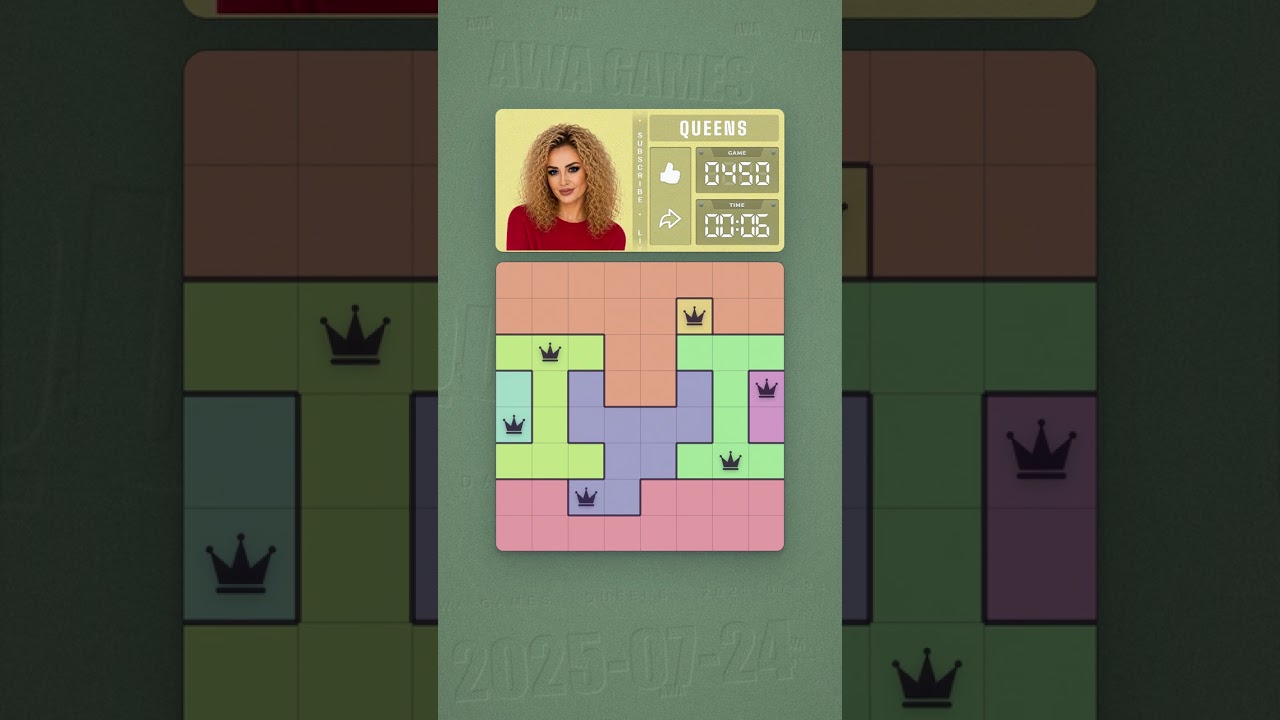 LinkedIn Queens #450 solved board for July 24, 2025, 8x8 grid