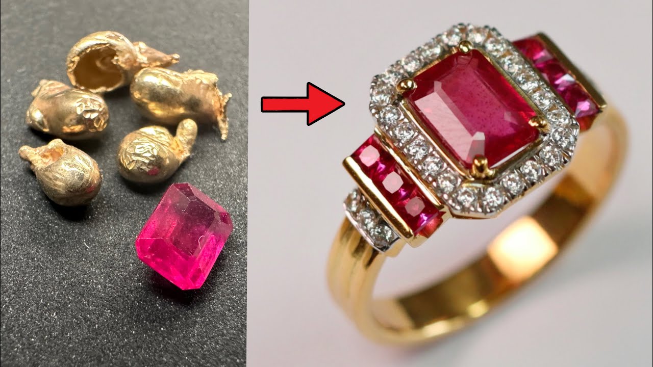 ⁣custom pink ruby jewelry - handmade vintage gold ring with ruby stone