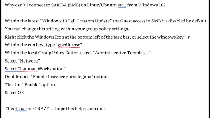 Why can’t I connect to SAMBA (SMB) on Linux/Ubuntu etc.. from Windows 10?