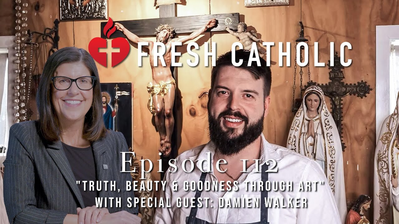 Damien Walker speaking with Lorie Balderas during an online interview for the Fresh Catholic podcast, discussing sacred art and its role in evangelisation.