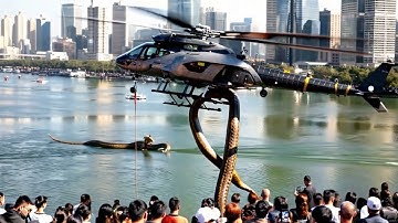 Astonishing! A helicopter manages to haul a giant python out of the river, what a sight!