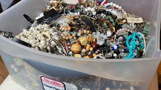 Huge 50 Pound Bin Of Costume Jewelry, Lot's of Earrings, Weiss, Trifari, Monet, Avon, Massive Tangle