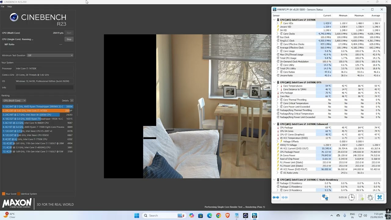 Intel i7 14700K (IccMax set to 210.00A) - Cinebench 23