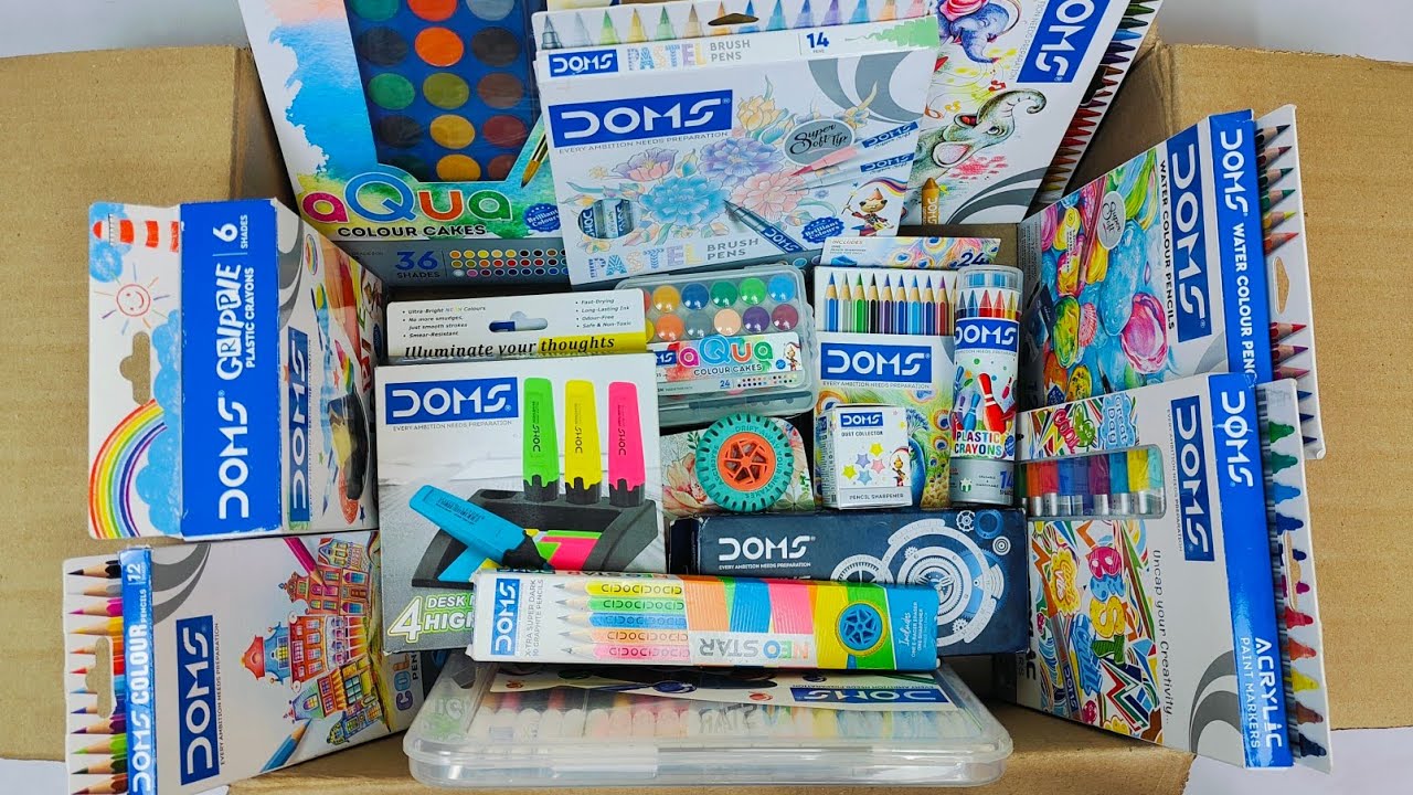 Unboxing Classic DOMS Stationery📚 Geometry Box, Sharpener, Eraser, Cryons colour, Pencil, Colour