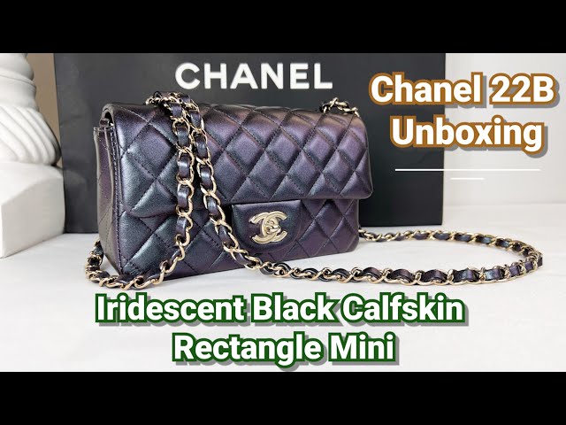 Chanel 22B Iridescent Black Calfskin Rectangle Mini with Champagne Gold  Hardware. 