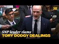 Snp leader makes a show of rishi sunak at pmqs over boris johnson and nadhim zahawis dodgy dealings