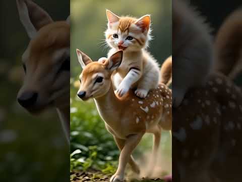 قطة صغيرة سعيدة فوق ظهر الغزالة قطة غزالة قطة صغيرة ضحك سعادة    