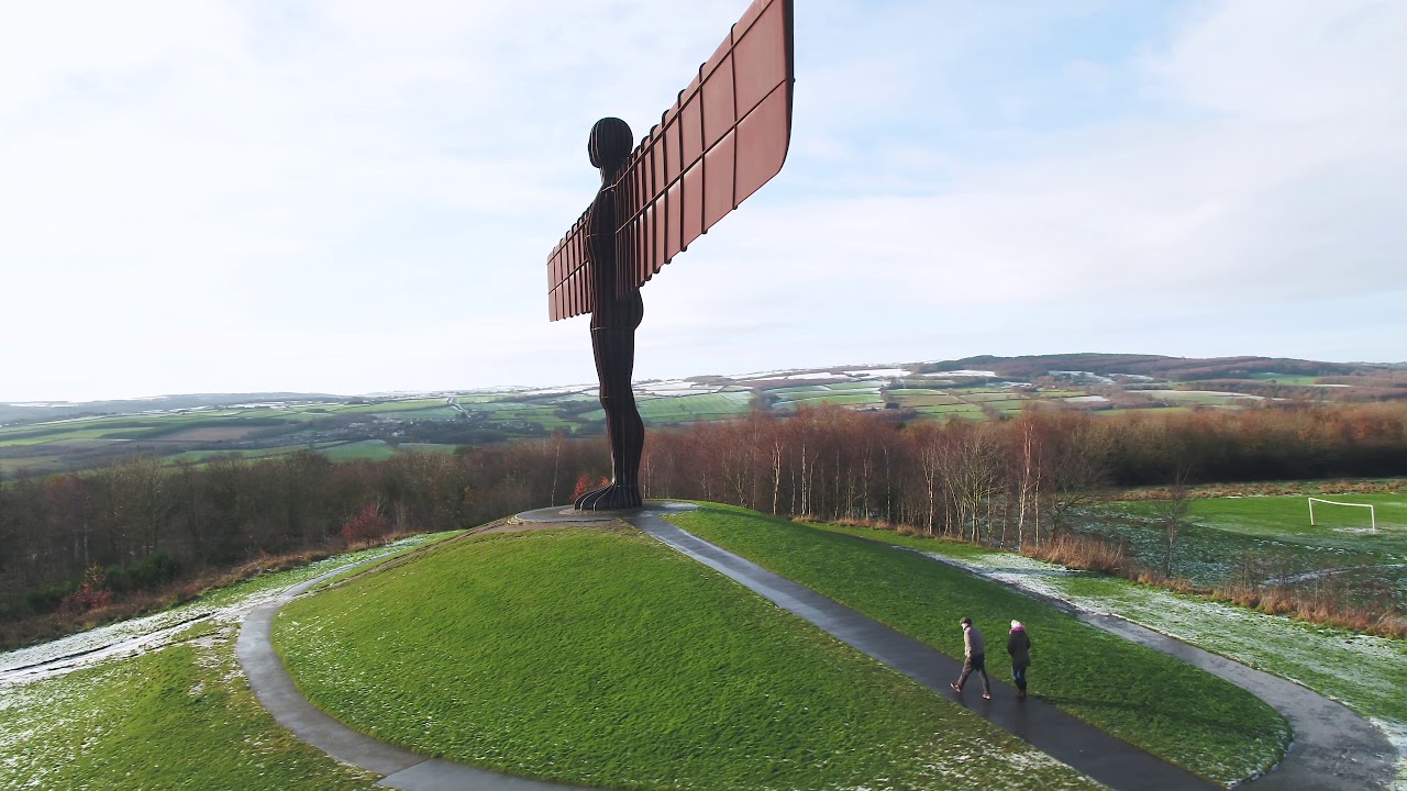 Aerial shot tracking round the Angel of the North sculpture, Gateshead, UK