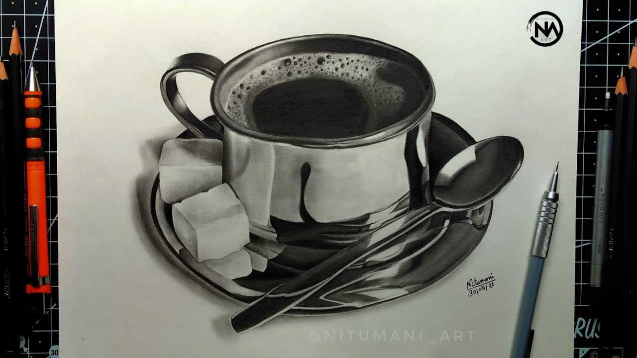 3D Drawing🔥/ Realistic Cup Plate Drawing With Tea🍵🔥/ Brustro Graphite  Pencils/ Ndn Painting - Youtube