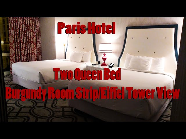 Paris Hotel in Las Vegas. Two queen bed burgundy room with strip view. 