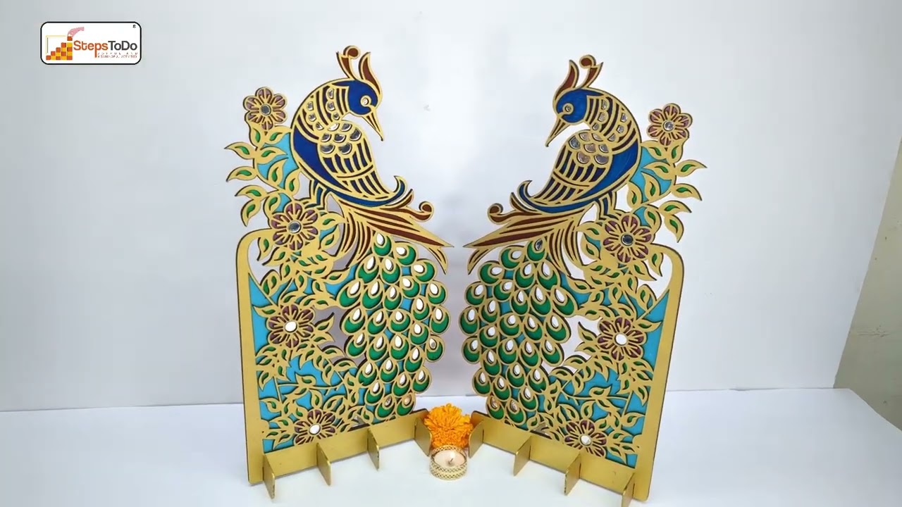 Hand Painted Peacock Stand with Mirror Work – Pair of Mirror Image Peacocks for Festivals & Pooja