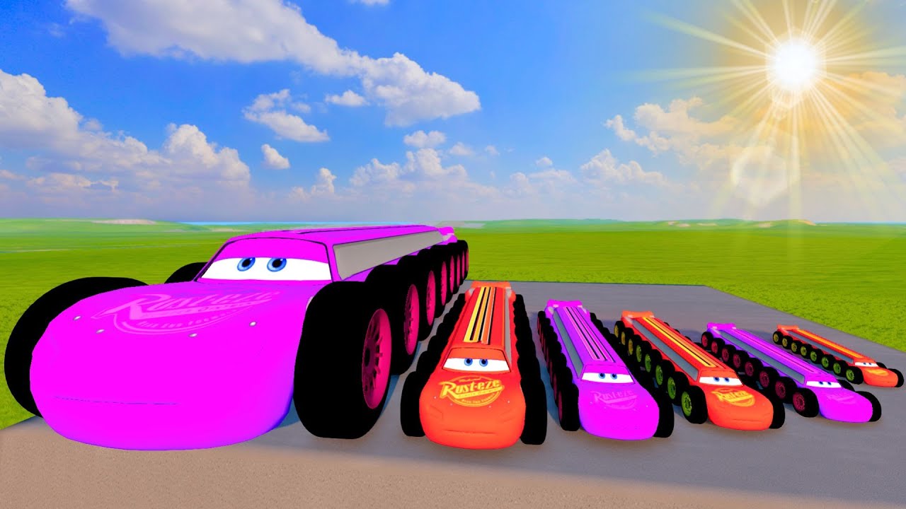 Big & Small Dinoco McQueen with BTR wheels Monster Truck Long Car vs Train Thomas | BeamNG.Drive