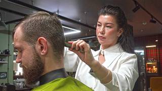 💈(ASMR) Full Service by Beautiful Female Barber: Scissor Haircut, Shave and Shampoo
