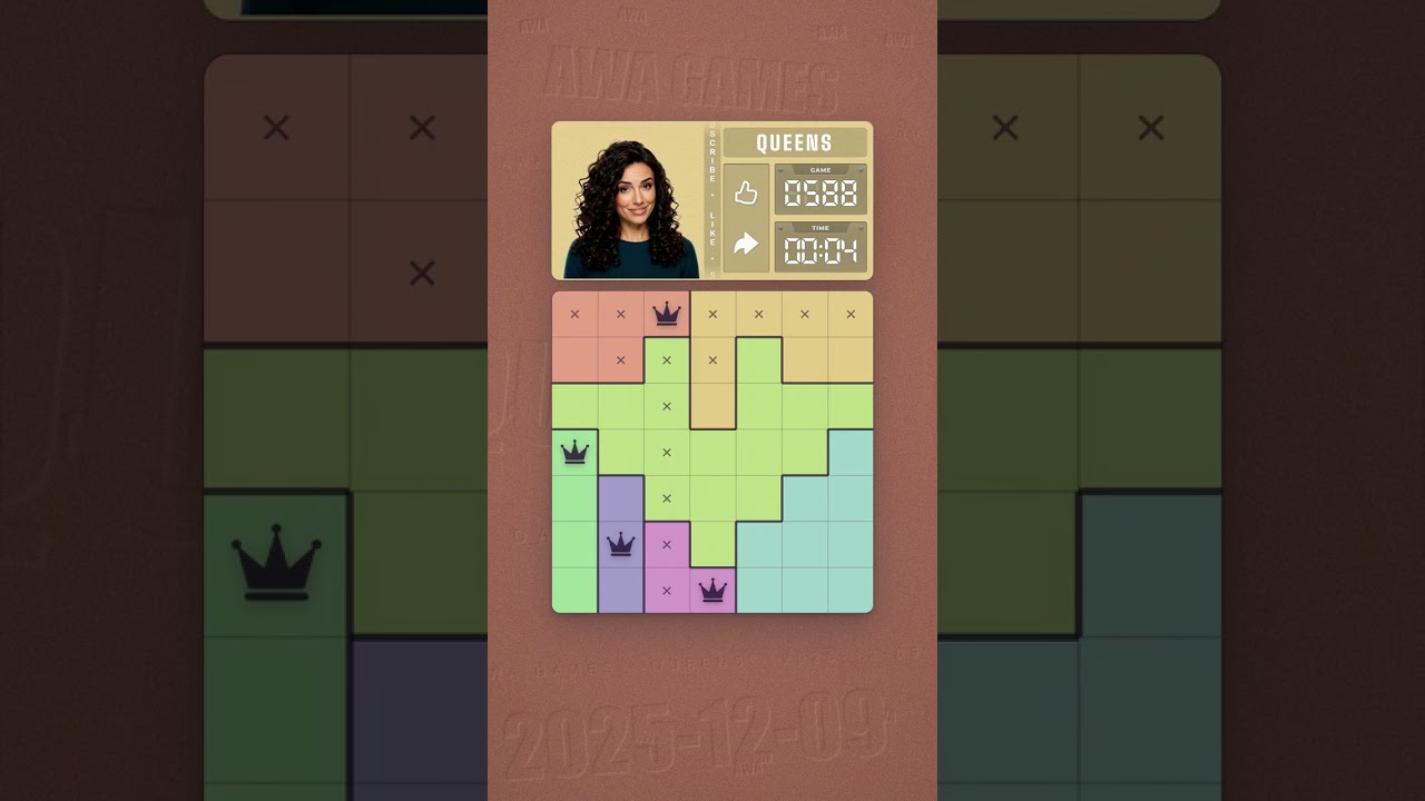 LinkedIn Queens #588 solved board for December 9, 2025, 7x7 grid