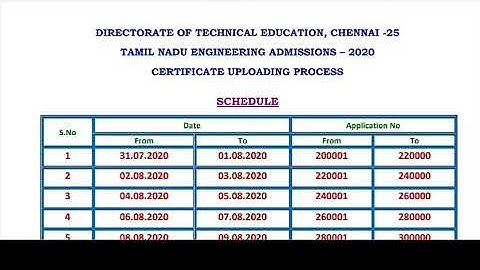TNEA 2020-certificate uploading schedule