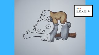 Coloring Sleeping Sloth on top of a Panda | Roshie Coloring Pages