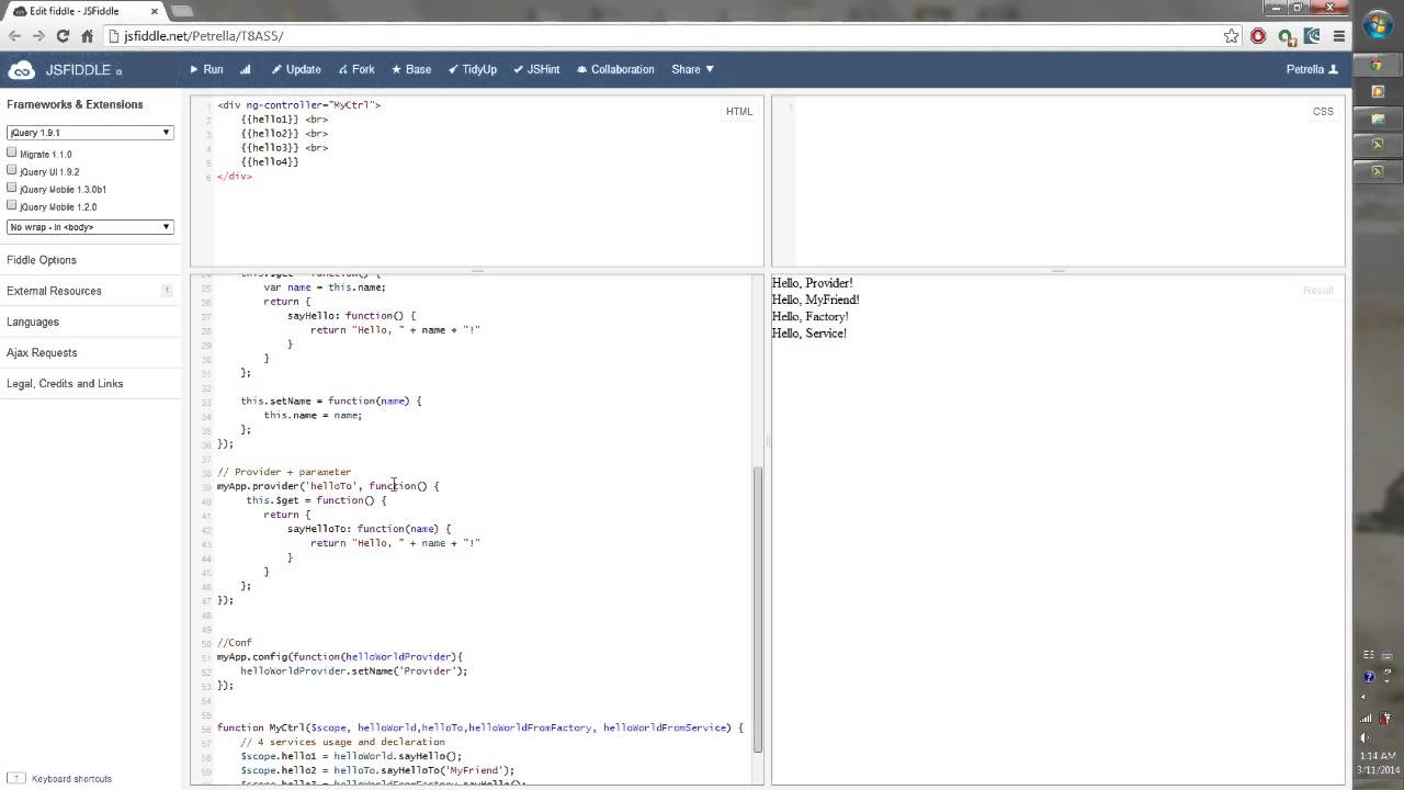 Servicios, Providers y Factory con Google AngularJS en JSFiddle - YouTube