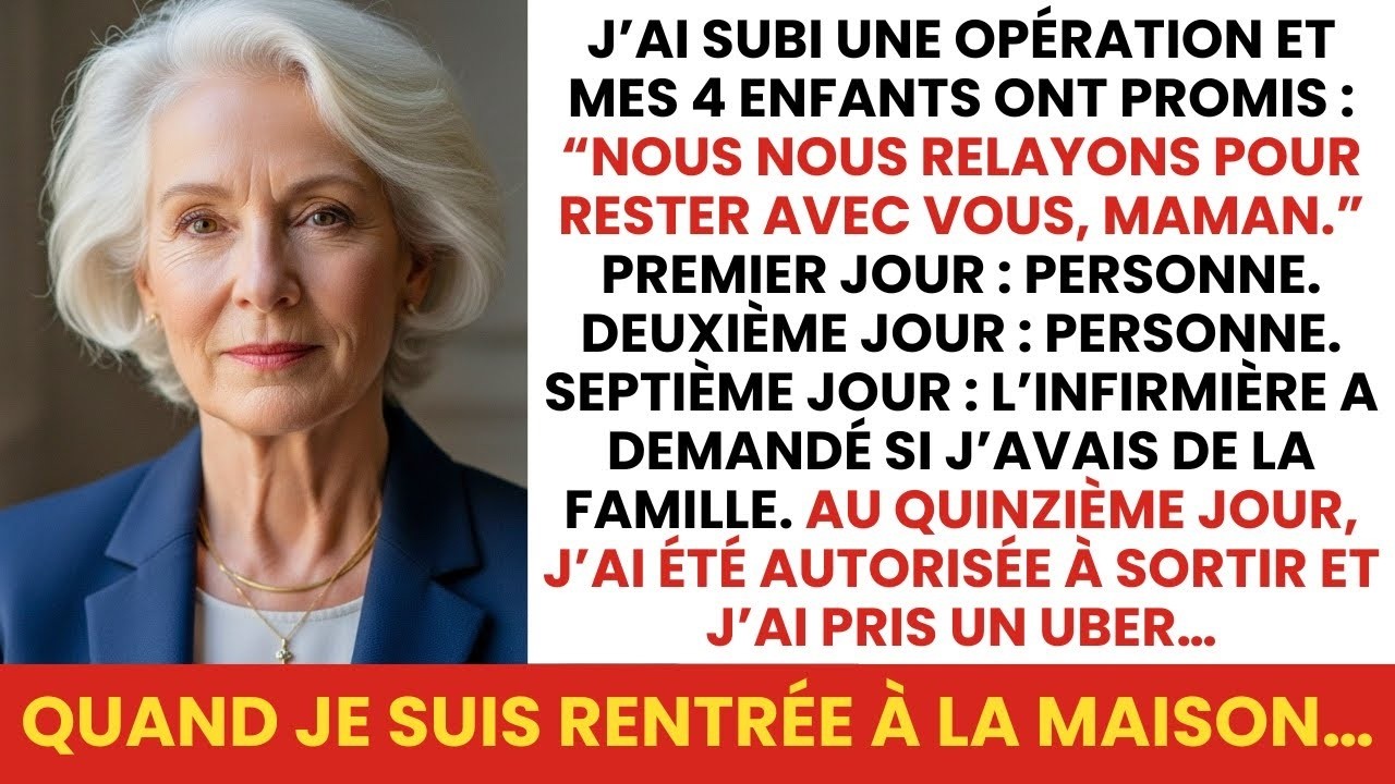« Maman, tu as besoin d'une maison de retraite. » C'est ce que mon fils aîné m'a proposé, trois semaines après être sortie de l'hôpital. Quinze jours. Quinze jours entiers, j'ai attendu dans cette...