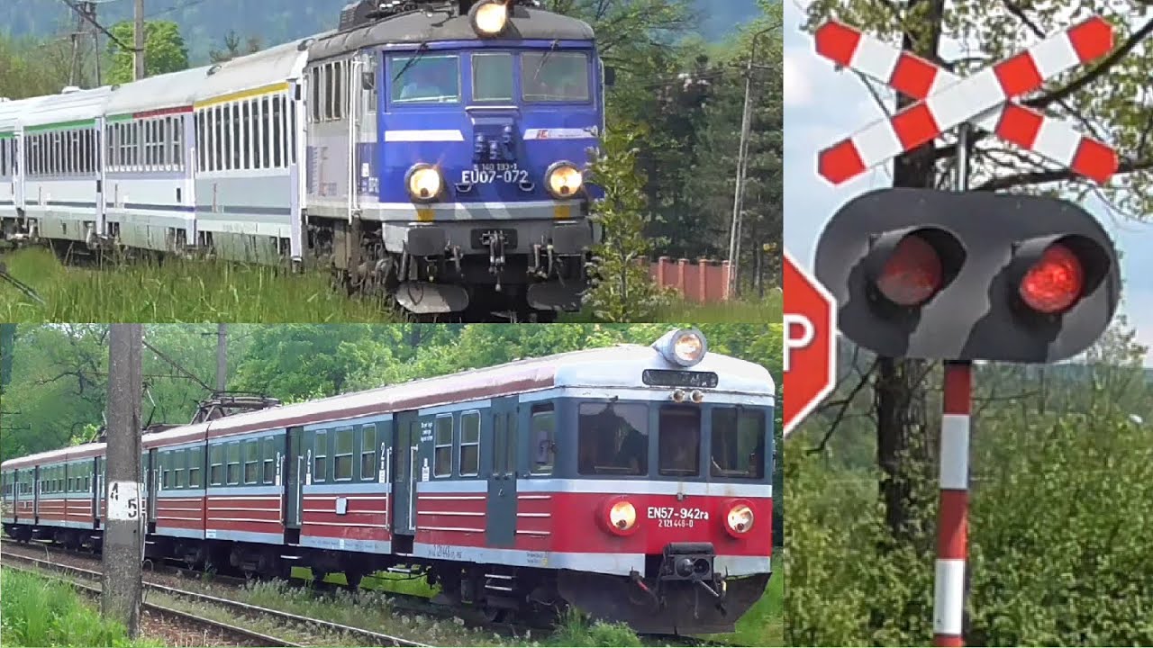 2 Pociągi - EN57, EU07 w Suchej Beskidzkiej oraz Juszczynie / Polish Trains and Railroad Crossings