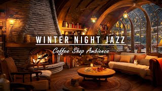 ️Relaxing Jazz Music in Cozy Winter Coffee Shop Ambience with Snowfall & Fireplace Sounds to Sleep