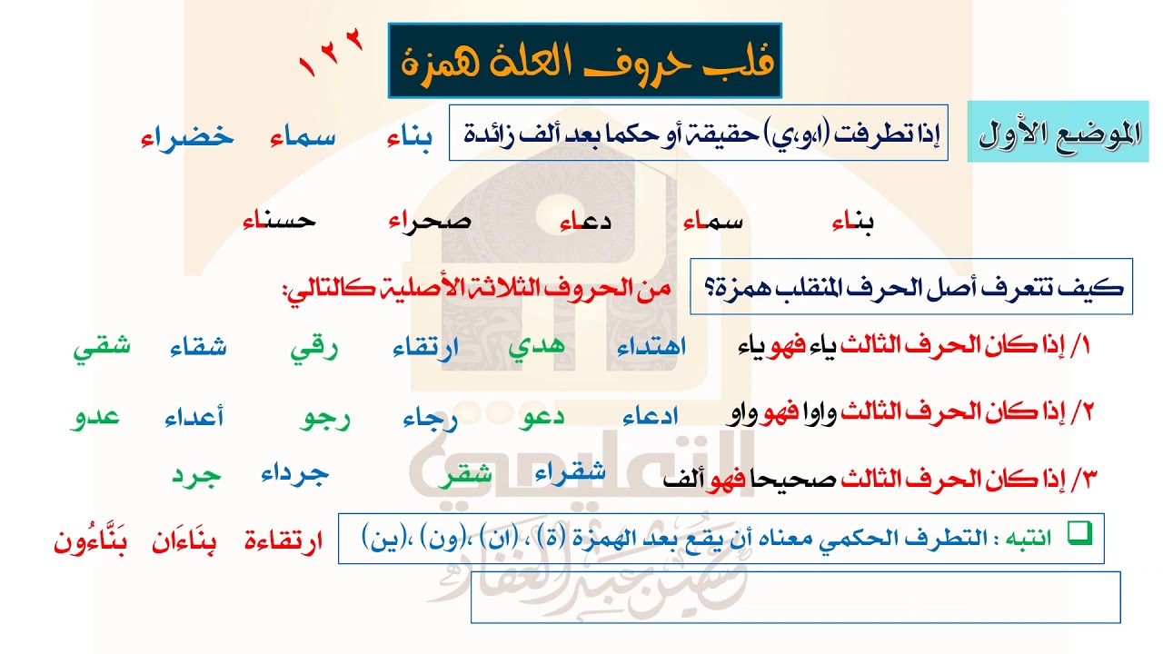 2- قلب حروف العلة همزة - الموضع الأول والثاني -  صرف-  الثانوية الأزهرية