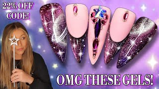 Easy Cateye Galaxy Nails | Cosmic Nail Art Design | Pink Purple Magnetic Cat Eye | Bling Moon Star