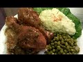 How to make Smothered Chicken with Brown Gravy, Rice, Green Peas and Potato Salad