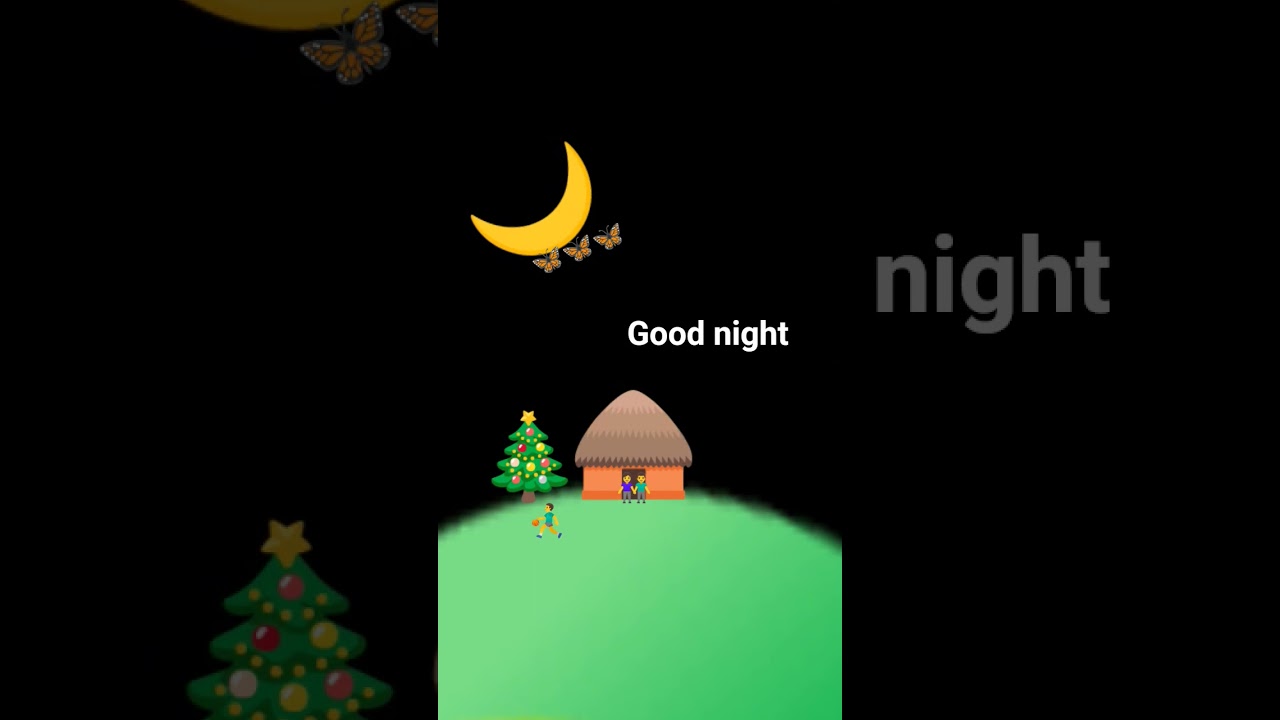 A hut a Christmas tree moon a boy and a girl and a boy play basketball 🏀