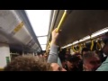 Stockport county fans on tram with man city fans