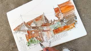 On-site architectural sketching and watercolor (perspective and lighting), Luang prabang