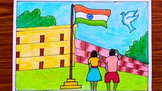 Indipendence day drawing easy/Flag hoisting drawing /how to draw students saluting flag of India ||