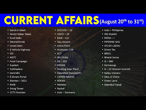 Current Affairs (20th - 31st August 2021) | Group 1/2/3/4 SI/PC/AE/AEE