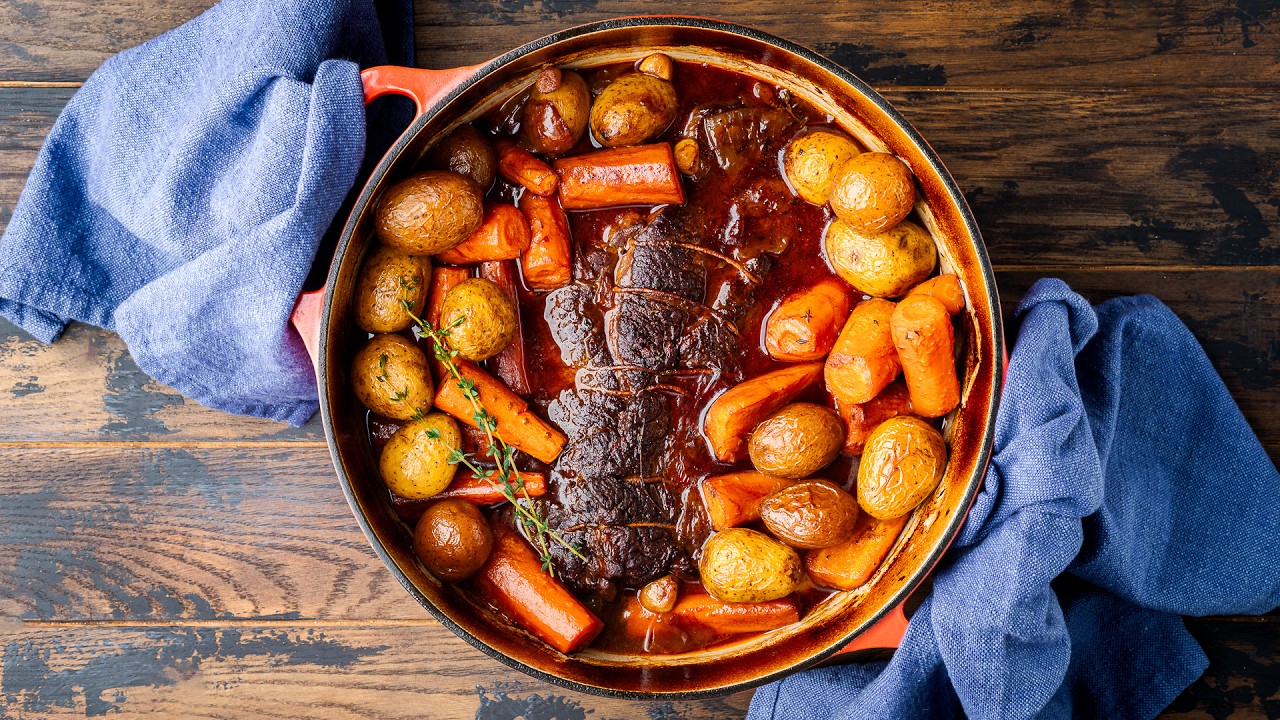 Dutch Oven Pot Roast with Carrots and Potatoes - Feast and Farm