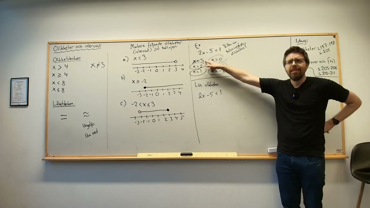 Matematik nivå 1. Olikheter och intervall. Olikhetstecken, markera på tallinjen och lösa olikheter