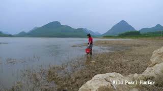 How to get beautiful pearls, the girl is struggling to find mussels in the huge lake